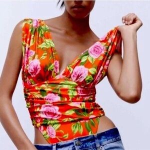 Zara Bloggers Favorite Coral Hawaiian Floral Plunging V-Neck Ruched Bodysuit